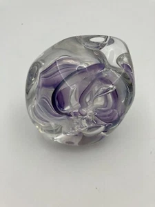 Abstract Art Glass Paperweight Purple & White Swirls w/ Bubbles Free Form Signed - Picture 1 of 7