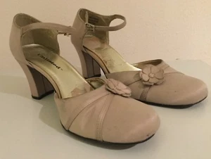 Vintage Unlisted Ankle Strap Chunky Heels Taupe Satin Shoes Women Size US 8 1/2 - Picture 1 of 12