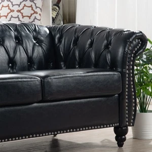 84" PU Rolled Arm Chesterfield Three Seater Sofa Black Modern & Contemporary - Picture 1 of 5