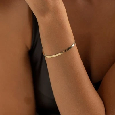 Real 14k Gold Plated Solid 925 Sterling Silver Snake Chain Bracelet, Herringbone - Image 1 of 2