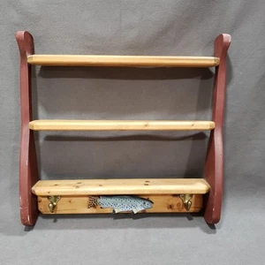 Vtg Shelf 3 Tier 2 Hooks Rustic Solid Wood Wall Mounted Fish Lodge Cabin Decor - Picture 1 of 14