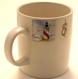 Mug, Gibson Lighthouses Rope Knot Compass Ships Wheel Cream Blue Tan DWMw Safe - Picture 1 of 3