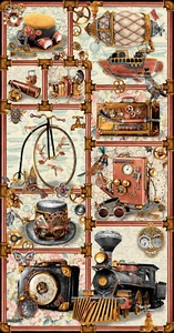 STEAMPUNK ~ TIME TRAVEL ~ Panel 24x43 ~ Train, Airship, Hummingbird, Butterfly - Picture 1 of 5