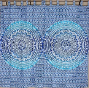 Blue Mandala Indian Curtains - 2 Cotton Print Sari Window Treatments Panels 80" - Picture 1 of 3