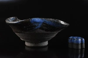 F2949: Japanese Mino-ware Blue glaze Leaf-shaped INCENSE BURNER Tea Ceremony - Picture 1 of 9