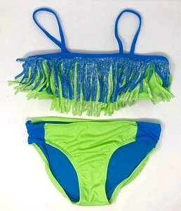 Justice Blue Green Fringe Bikini Swimsuit Girls Size 14 - Picture 1 of 5