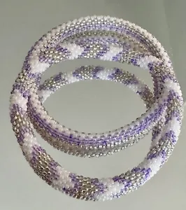 Sashka Co. 2 Bracelets Hand-Crocheted Bead-by-Bead Silver, Lavender & White - Picture 1 of 5