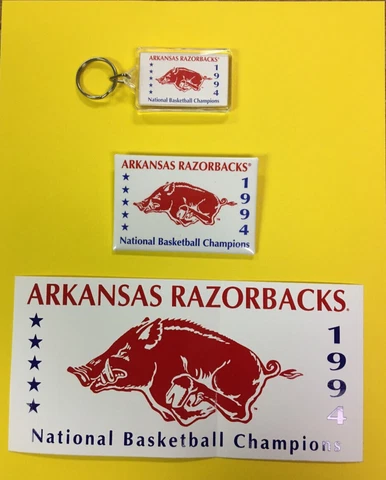 1994 BASKETBALL NAT'L CHAMPS ARKANSAS RAZORBACKS STICKER/ BUTTON/ KEY RING COMBO Cover