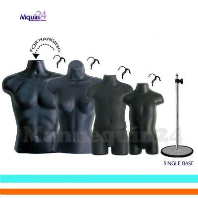 MALE FEMALE CHILD TODDLER TORSO MANNEQUIN FORMS SET BLACK +1 STAND + 4 HANGERS - Image 1 of 4
