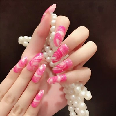 DRESS YOUR NAILS FALSE NAILS Falsche Nägel oval lang Full Cover Hot Pink mit weißen Wirbeln Overlay Fake Party