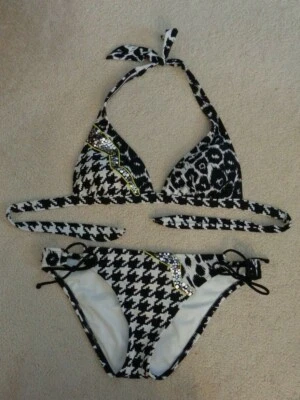 SPLIT💗Bikini negro y blanco animal/perro estampado de dientes con lentejuelas atado lateral *Talla L Foto 1 de 4