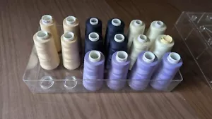 Lot of 16 Serger Threads & Storage Case Excellent Beige Black White Purple - Picture 1 of 2