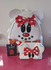 Mini zaino e portafoglio e spilla Loungefly Disney Minnie Mouse pupazzo di neve paillettes - Foto 1 di 8