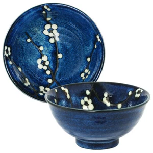 SET of 2 Japanese 6.25"D Rice Soup Noodle Bowl Blue Cherry Blossom Made in Japan - Picture 1 of 1