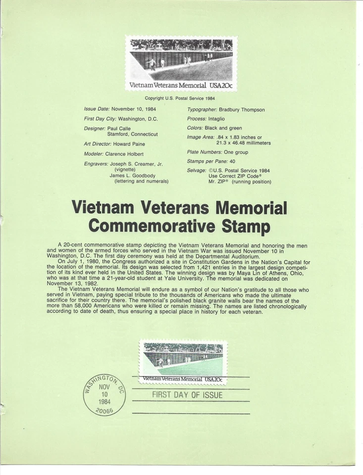 1984 FDI, VIETNAM VETERANS MEMORIAL,  SOUVENIR PAGE - Image 1 of 1