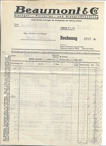 Rechnung / Beaumont & Co / LEIPZIG / 1938 / Steingut - Porzellan und Glasgroßhdl - Bild 1 von 1