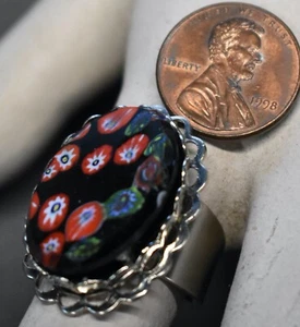 VINTAGE MILLEFIORI RING * FLORAL GLASS * OVAL * ADJUSTABLE • 25x18mm • COSTUME - Picture 1 of 3