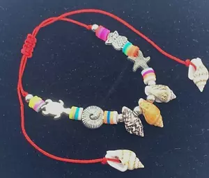 Beach Anklet Bracelet Real Seashell Medal Turtle Starfish Adjustable Red String - Picture 1 of 9