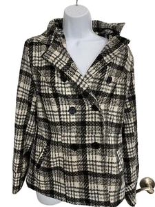 Jou Jou  Jacket Plaid Black Button Double Breast soft pea dress coat Size Medium - Picture 1 of 9