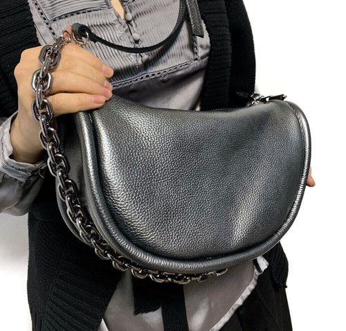 COACH Borsa donna in VERA PELLE fatta a mano borsa a tracolla argento grafite metallizzato