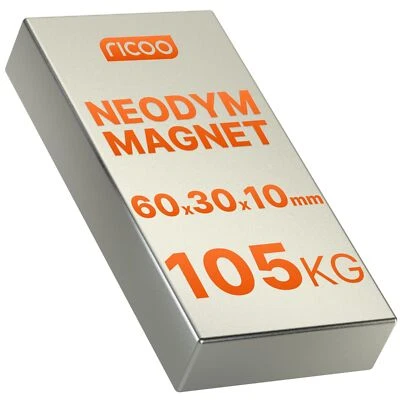 RICOO parallelepipedo magnete molto forte neodimio Powermagnet 60x30x10mm N45 105Kg 1pz - Immagine 1 di 4