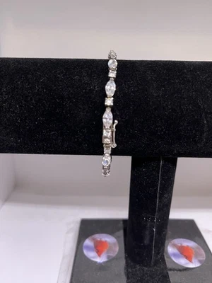 tennis bracelet 925 silver cz marquise + round stones safety clasp - Image 1 of 4