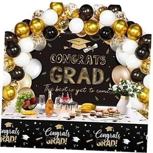 53 Pcs Graduation Decorations 2025 Congrats Grad Backdrop Black and Gold - Picture 1 of 7