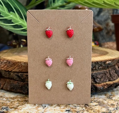 Lindo conjunto de pendientes hechos a mano Kawaii de acero inoxidable rosa rojo fresa mini fruta Foto 1 de 4