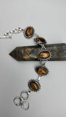 Pulsera Ojo de Tigre en Plata de Ley Joyería Ajustable Hecha a Mano 8" de Largo Foto 1 de 4