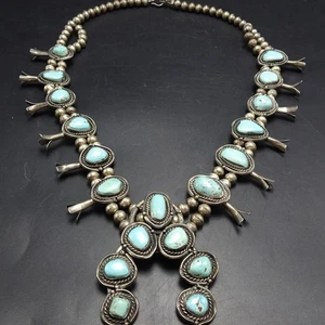 ANTIGUO COLLAR NAVAJO de plata esterlina turquesa flor de calabaza firmado vintage - Imagen 1 de 23