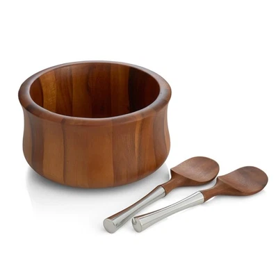 Nambé Nara Salad Bowl with Servers – 10.5” x 5.5” Alloy Salad Bowl with Acaci... - Image 1 of 4