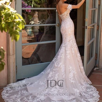 Edles Floral Meerjungfrau Spitze Brautkleid Hochzeitskleid n.Maß Knöpfe Träger - Bild 1 von 4