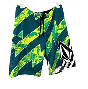 Volcom Board Shorts Men 34 Green  Bright Graffiti Print Surf Skate Streetwear - Picture 1 of 9