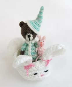 Miniature Crochet Jointed Head/Arms/Legs Teddy Bear in Easter Bunny Slipper - Picture 1 of 6