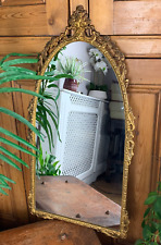 VINTAGE ORNATE VICTORIAN BAROQUE ARCHED GOLD METAL VANITY WALL MIRROR 27" X 14"