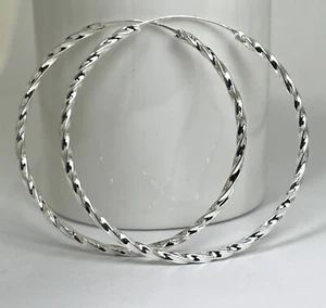 Sterling Silver 925 Large Twisted Hoop Threader Earrings 45mm Diameter - Picture 1 of 3