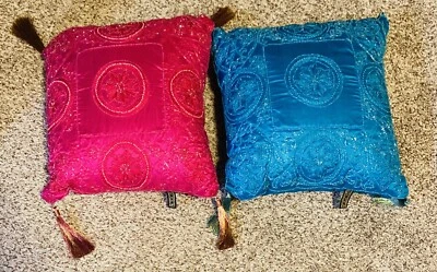 Pair of Silk Pink & Teal Beaded Floral Borgata Throw Pillows Hand Stitched 15” - Image 1 of 4
