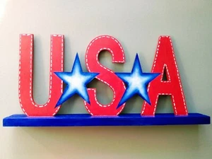Hand Painted - Red, White, Blue - Wood -USA Standing Plaque - Patriotic  - Picture 1 of 3