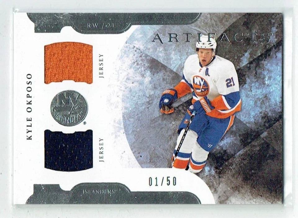 11-12 UD Upper Deck Artifacts  Kyle Okposo  1/50 First Card  Dual Jerseys - Image 1 of 1