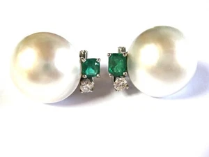 Ohrringe Weißgold 585 mit Perlen, Smaragden und Brillanten, 10,4 g - Bild 1 von 3
