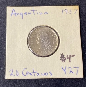 1957 Argentina 20 Centavos Nickel Clad Steel Coin Free Shipping - Picture 1 of 2