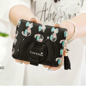 Women ID Card Wallet Short Cat Cute Small Leather Bifold Coin Holder Mini Purse - Picture 1 of 6