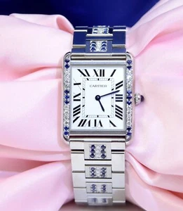 Reloj Cartier Tank Solo Acero Inoxidable con Diamantes, Zafiros Azules - Imagen 1 de 7