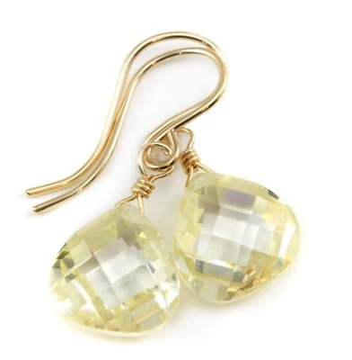 14k Gold Cubic Zirconia Earrings Champagne CZ Heart Dainty Sterling Dangle Drops - Image 1 of 4