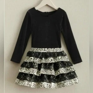 Chasing Fireflies Black Velvet & Metallic Ruffle Dress Girls 6 With Lace Details - Picture 1 of 5