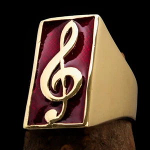 RECTANGLE SHAPED MENS BRASS COSTUME RING TREBLE CLEF MUSIC SYMBOL RED SIZE 11 - Picture 1 of 7