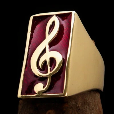 RECTANGLE SHAPED MENS BRASS COSTUME RING TREBLE CLEF MUSIC SYMBOL RED SIZE 11 - Image 1 of 4