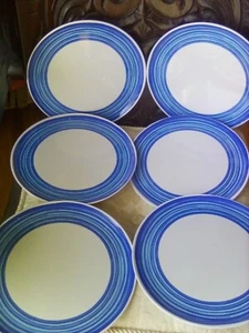 6 Melamine dinner plates 11" Set lot Donna Gorman Classic Blue White Stripe Pool - Picture 1 of 8