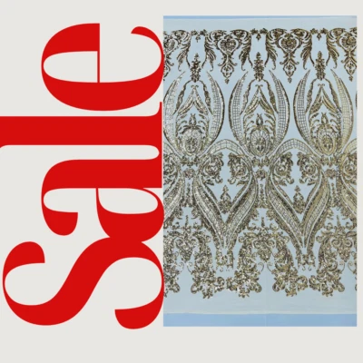 Tela de malla elástica de 4 vías bordada lentejuelas diseño damasco por yarda Foto 1 de 4