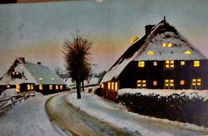 Hold To Light Postcard Christmas Village Snow Covered Street Moon Homes Tree - Picture 1 of 4